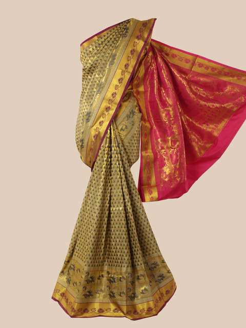 

Pothys Grey & Red Woven Design Zardozi Pure Silk Saree