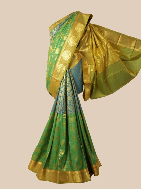 

Pothys Green & Gold-Toned Woven Design Zardozi Pure Silk Saree