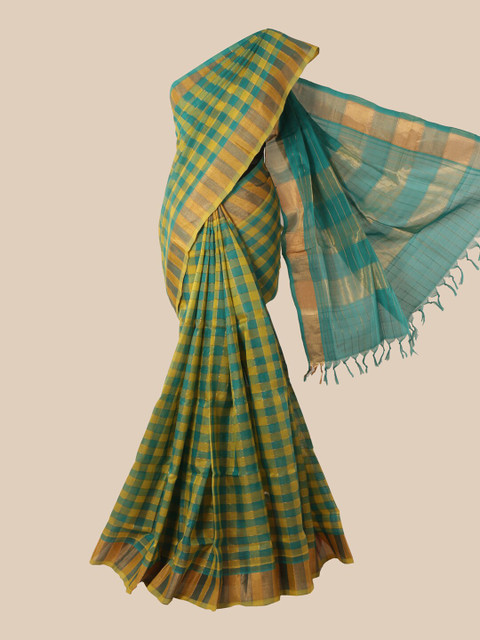 

Pothys Blue & Yellow Checked Silk Cotton Saree
