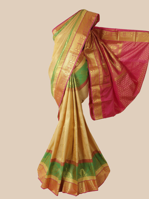 

Pothys Cream-Coloured & Green Woven Design Zardozi Pure Silk Saree