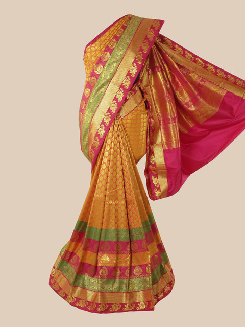 

Pothys Orange & Pink Woven Design Zardozi Pure Silk Saree