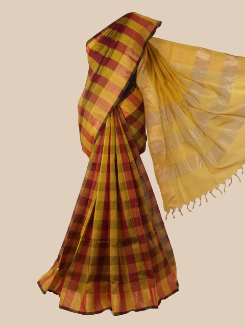 

Pothys Mustard Yellow & Maroon Checked Silk Cotton Saree
