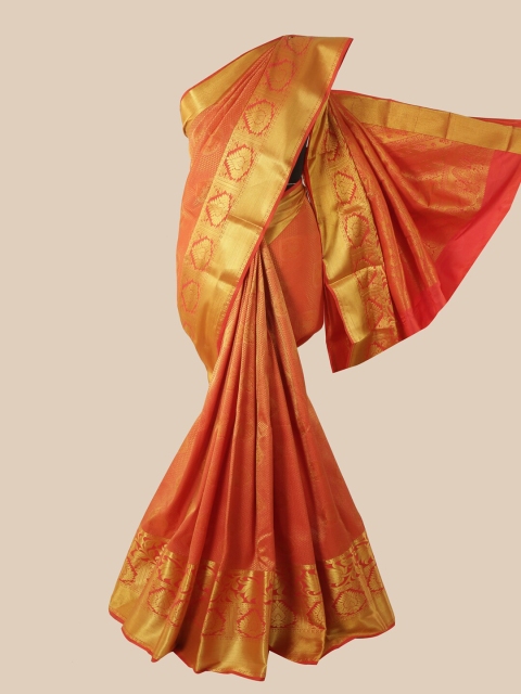 

Pothys Orange & Gold-Toned Woven Design Zardozi Pure Silk Saree