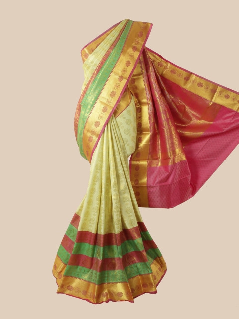

Pothys Cream-Coloured & Green Ethnic Motifs Zari Pure Silk Saree