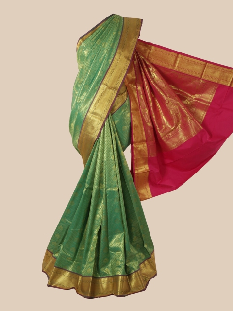 

Pothys Green & Gold-Toned Woven Design Zardozi Pure Silk Saree