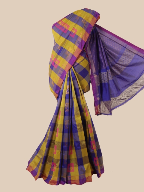 

Pothys Yellow & Blue Checked Silk Cotton Saree