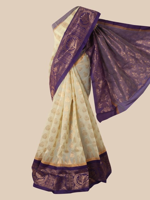 

Pothys Cream-Coloured & Purple Woven Design Silk Cotton Saree