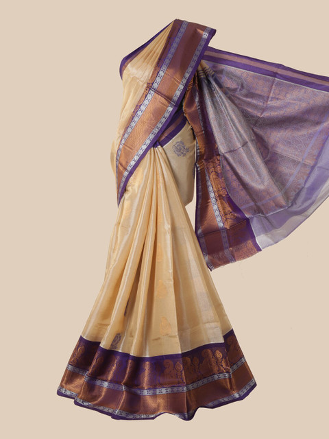 

Pothys Cream-Coloured & Purple Woven Design Silk Cotton Saree