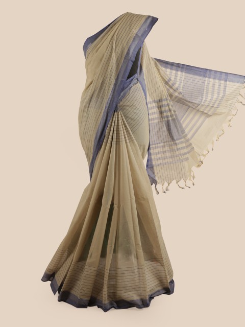 

Pothys Beige & Blue Striped Printed Zari Pure Cotton Saree