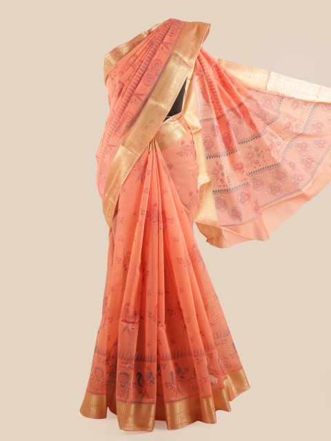 

Pothys Peach-Coloured & Gold-Coloured Floral Printed Pure Cotton Saree