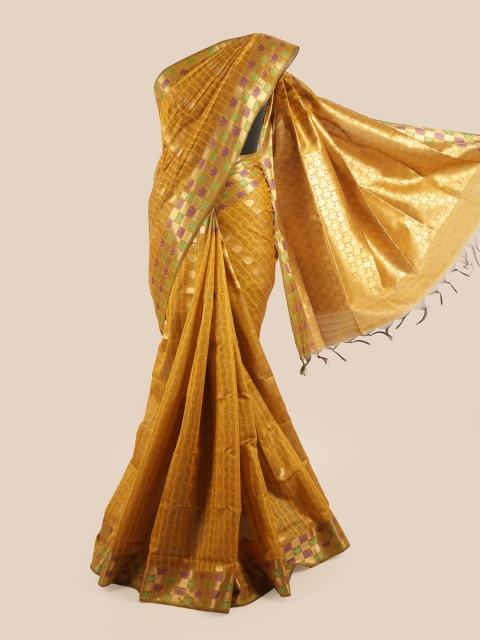 

Pothys Mustard & Purple Ethnic Motifs Woven Design Zari Silk Blend Saree