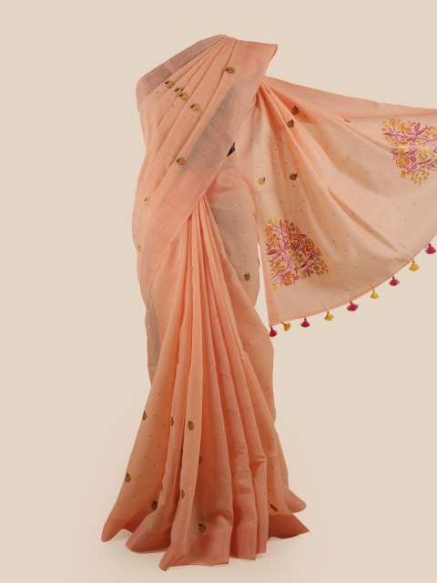 

Pothys Peach-Coloured Embellished Beads and Stones Pure Cotton Saree