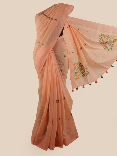

Pothys Peach-Coloured Ethnic Motifs Embroidered Pure Cotton Saree