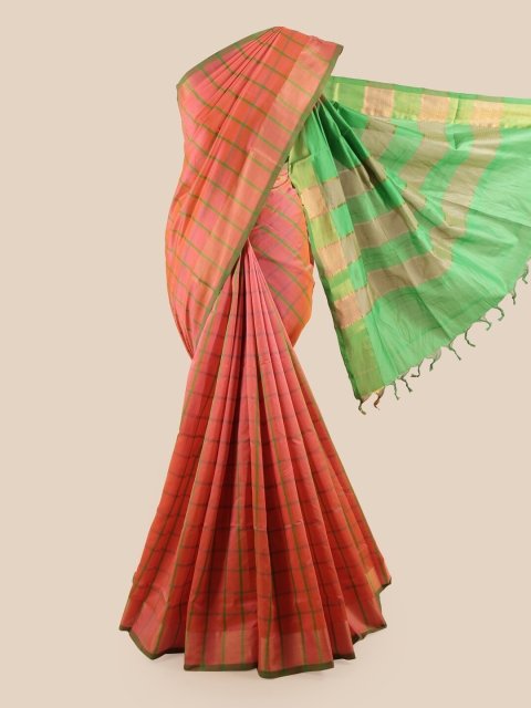

Pothys Peach-Coloured & Green Checked Printed Saree