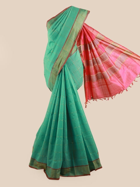 

Pothys Green & Pink Checked Zari Saree