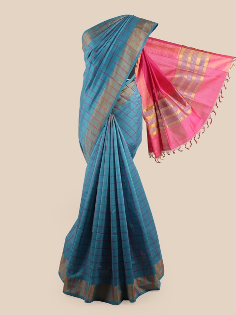 

Pothys Blue & Pink Checked Printed Saree