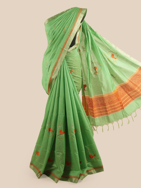 

Pothys Green & Orange Ethnic Motifs Embroidered Pure Cotton Saree