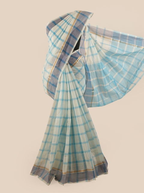 

Pothys Cream-Coloured & Turquoise Blue Checked Zari Pure Cotton Saree