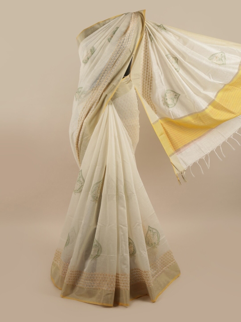 

Pothys Off White & Gold Geometric Embroidered Zari Pure Cotton Saree