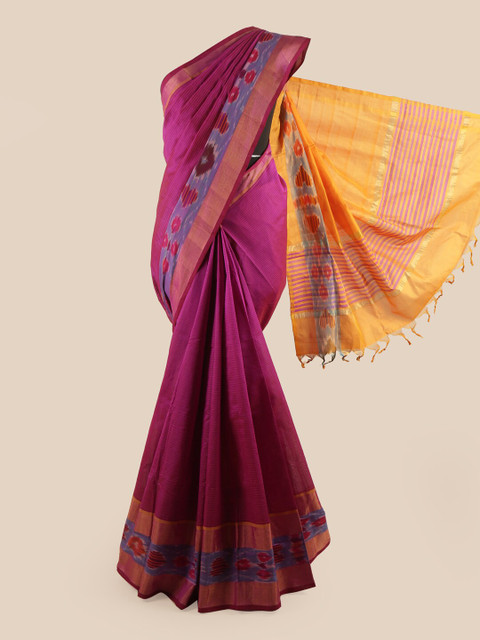 

Pothys Magenta & Mustard Striped Printed Zari Saree