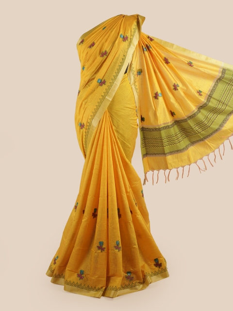 

Pothys Yellow & Green Floral Embroidered Pure Cotton Saree