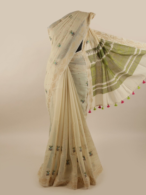

Pothys Cream-Coloured & Green Ethnic Motifs Embroidered Pure Cotton Saree