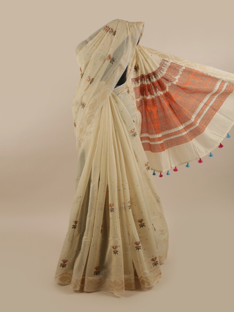 

Pothys Cream-Coloured & Orange Floral Embroidered Pure Cotton Saree