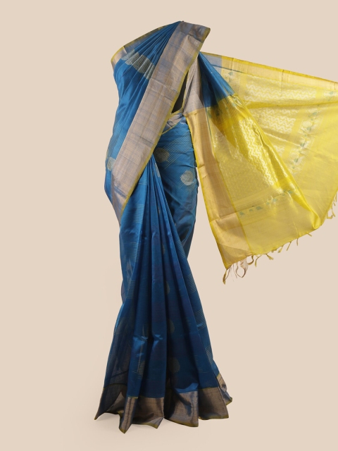 

Pothys Blue & Gold Ethnic Motifs Woven Design Zari Kora Silk Saree