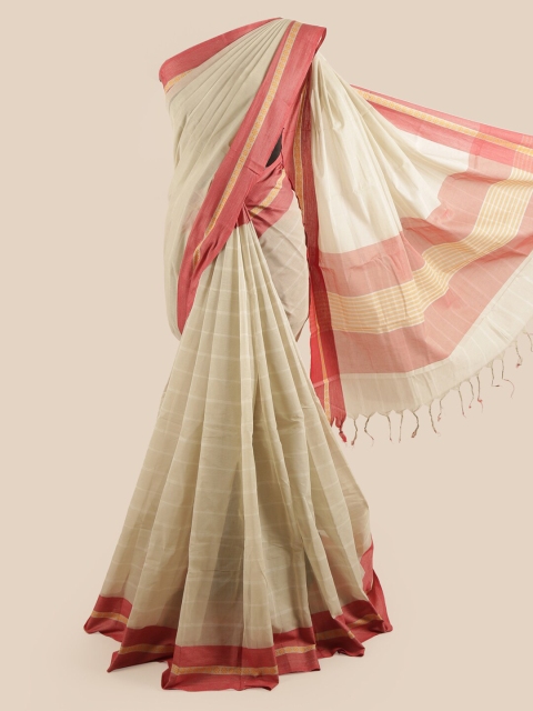 

Pothys Tan & Cream-Coloured Striped Pure Cotton Saree