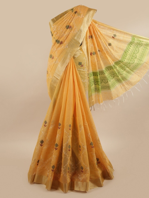 

Pothys Peach-Coloured & Green Ethnic Motifs Embroidered Pure Cotton Saree
