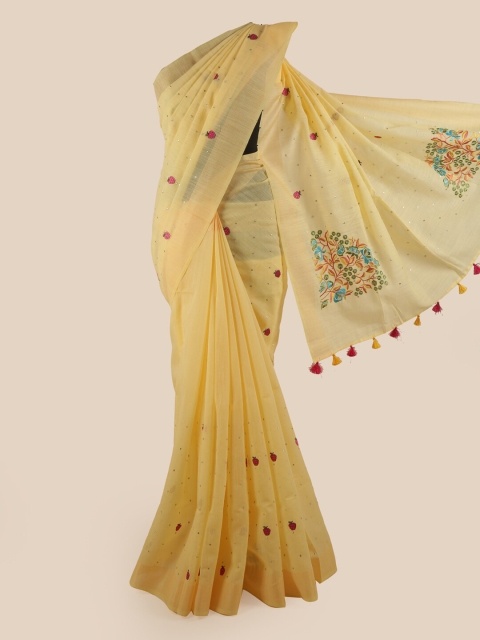 

Pothys Cream-Coloured & Red Ethnic Motifs Embroidered Pure Cotton Saree