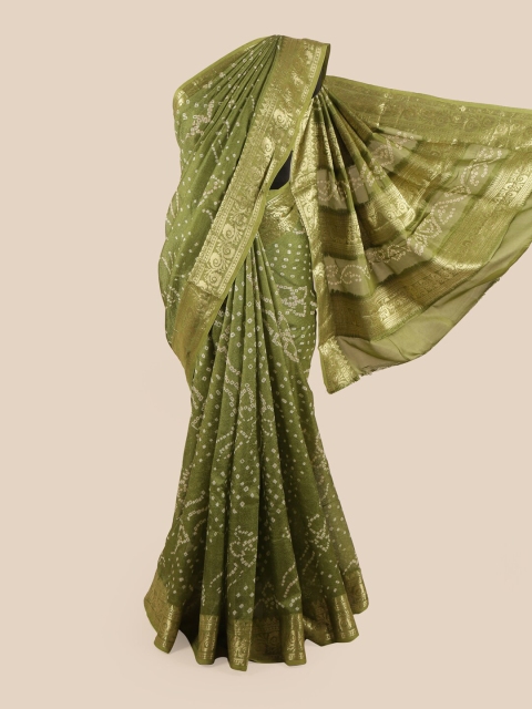 

Pothys Green & Gold-Toned Bandhani Printed Zari Art Silk Saree