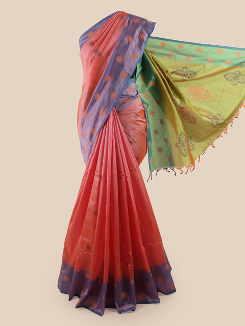 

Pothys Peach-Coloured & Purple Printed Pure Cotton Saree