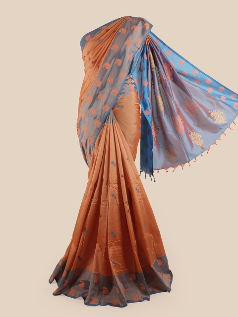 

Pothys Peach-Coloured & Blue Ethnic Motifs Pure Cotton Saree