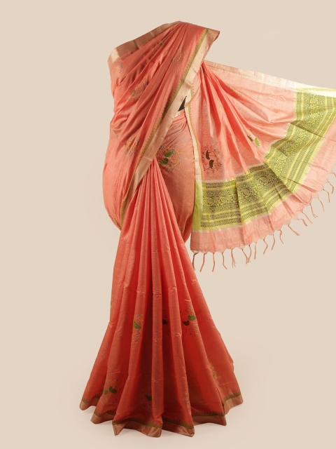 

Pothys Peach-Coloured & Green Ethnic Motifs Embroidered Zari Pure Cotton Saree