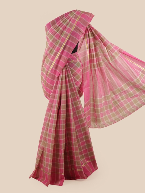 

Pothys Pink & Olive Green Striped Zari Pure Cotton Saree