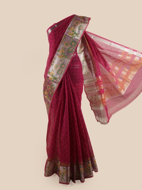 

Pothys Magenta & Silver-Coloured Ethnic Motifs Pure Cotton Saree