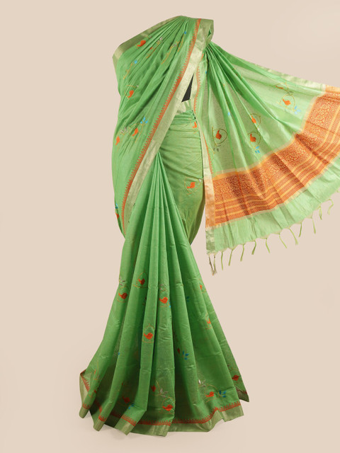 

Pothys Green & Orange Ethnic Motifs Embroidered Zari Pure Cotton Saree