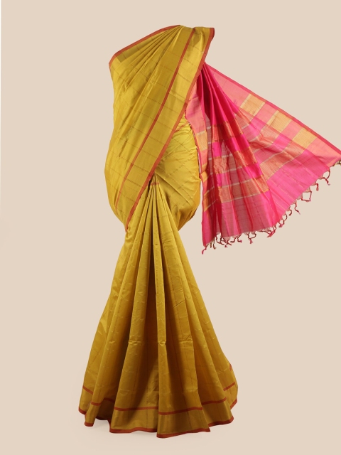 

Pothys Mustard Yellow & Pink Checked Zari Saree