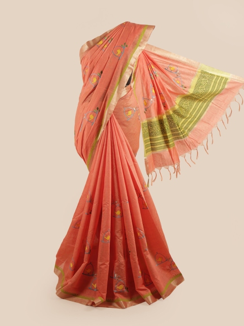 

Pothys Peach-Coloured & Green Ethnic Motifs Embroidered Pure Cotton Saree