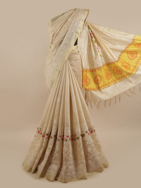 

Pothys Beige & Yellow Ethnic Motifs Embroidered Zari Pure Cotton Saree