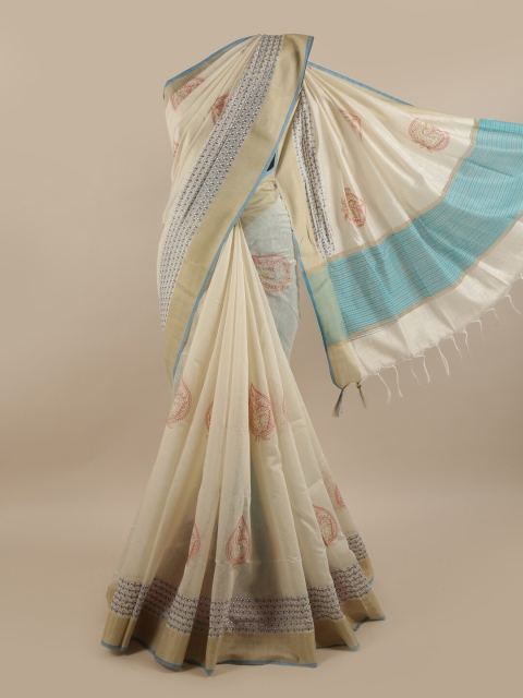 

Pothys Off White & Turquoise Blue Ethnic Motifs Embroidered Zari Pure Cotton Saree