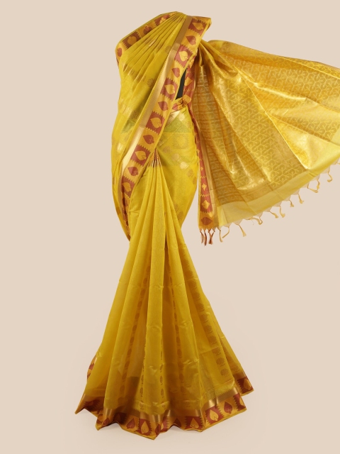 

Pothys Yellow & Brown Ethnic Motifs Woven Design Zari Silk Blend Saree