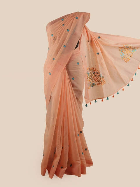 

Pothys Peach & Teal Ethnic Motifs Embroidered Beads and Stones Pure Cotton Saree