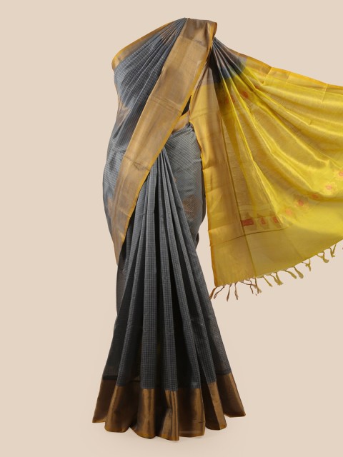 

Pothys Grey & Gold Checked Zari Silk Cotton Saree