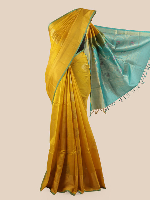 

Pothys Yellow & Turquoise Blue Ethnic Motifs Woven Design Zari Kora Silk Saree