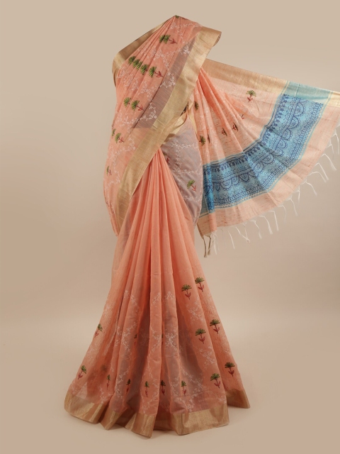 

Pothys Peach-Coloured & Green Ethnic Motifs Embroidered Zari Pure Cotton Saree
