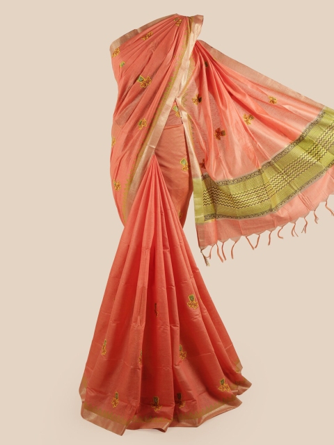 

Pothys Peach-Coloured & Green Ethnic Motifs Embroidered Zari Pure Cotton Saree