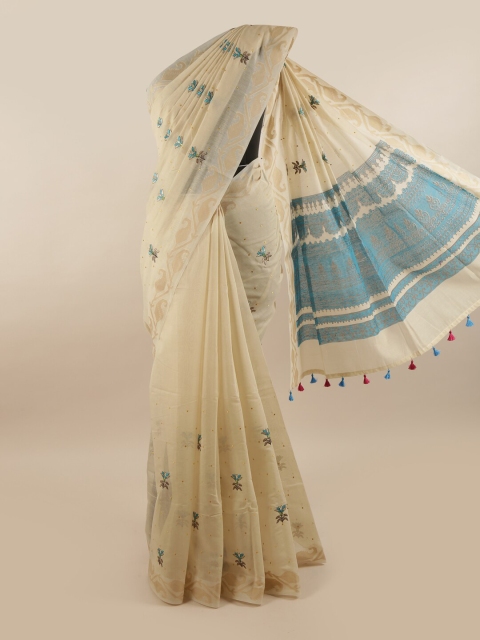 

Pothys Cream-Coloured & Teal Embellished Beads and Stones Pure Cotton Saree