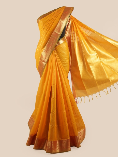 

Pothys Yellow & Gold-Coloured Striped Zari Silk Blend Saree
